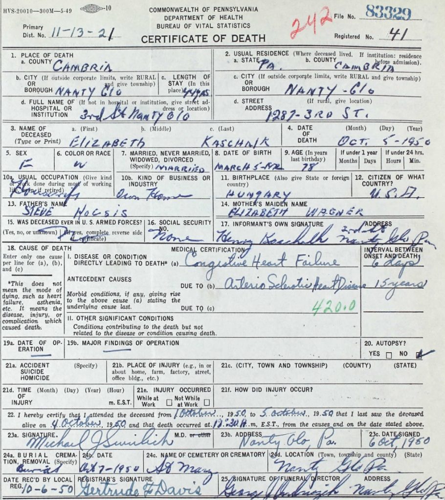 Death Certificate for Elizabeth